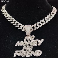 Men Women Hip Hop NO Money No Friend Pendant Necklace With 13mm Cuban Chain HipHop Iced Out Bling Necklaces Fashion