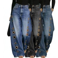 High Waisted Wide Leg Jeans Washed Unique Style Metal Perforations Summer Export Stock Cross Border Trade