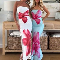 Clothing Fashion Print Dress Lace Up Hip Sleeveless Backless Deep V Halter Neck Long Dress