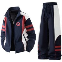 Clothing Embroidered Patchwork Retro Block Hooded Jacket Set Casual Streetwear Vintage Style 