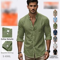 Men's New Lapel Shirt Casual Men's Long-sleeved Button Cotton Linen Pocket Shirt Top