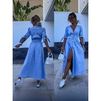 Women's clothing sexy V-neck long button denim dress