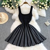 Clothing Style Elegant Vertical Stripes Waist Slimming Suspender Dress Light Mature Style Knitted Long Skirt Female