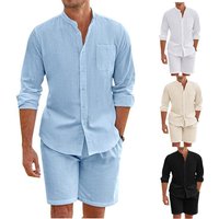 Men's Summer Two Piece Set Polyester Button Shirt + Long Sleeve Shorts Cardigan Simple Casual Beach Wear Suit
