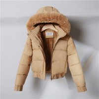 Short Puffer Jacket Hood & Faux Fur Trim Warm Fleece Lined Winter Coat Petite Casual Outerwear Black Beige Khaki Brown