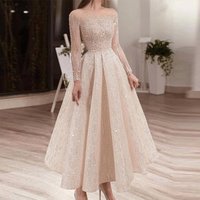 Clothing Crewneck Long sleeved Slim fit Dress Sequin Mid length Dress