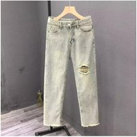 Ripped Jean Summer High Street Hip Hop Wide Cropped Fringe Raw Hem College Student Looe Straight Leg Beggar