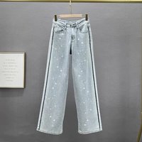 Women's Clothing Heavy Duty Hot Diamond Jeans High Waist Slimming High Elastic Dark Blue Washed Straight Pants