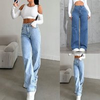 Women's Vintage Washed Denim Jeans – High-Waisted Loose Straight Leg Pants With Bow Detail (XS-XXL, Light Blue/Dark Blue, Streetwear Essential)