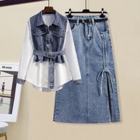 Clothing Spring Gentle Outfit Style Slim All Match Waist Shirt Denim Skirt Two Piece Suit