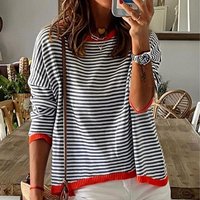 2024 knitted sweater European American Foreign trade striped contrast design drop shoulder long sleeve top