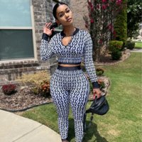 Clothing Autumn Winter Elastic Print Contrast Slim Suit Long Sleeve Two piece Set