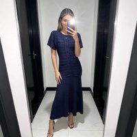 S Brand Women's Summer Knitted Dress Elegant Slimming Round Neck Short Sleeved With Shimmering Hollow Out Details