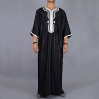 2024 Men's Long Shirt Casual Youth Regular Black Muslim Embroidered Robe 113824