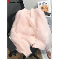 Elegant Imitation Mink Knitted Cropped Top Female Korean Spring Fall Chic Soft Cardigan Slim Casual Knitewear Bow