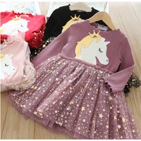 Christmas 2023 Spring Autumn Wear Long Sleeve Crown Pony Star Mesh Spliced Princess Dress