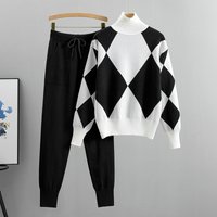 autumn winter casual knitted plaid sweater two piece set