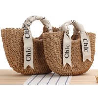 P9One Piece Letter Silk Scarf, Hand-held Straw Bag, Papyrus Woven Straw Bag, Outing Vacation Handbag, Moon Bag