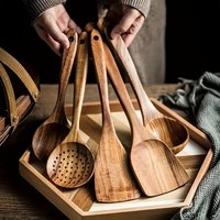 Premium 5pcs Wooden Kitchen Utensils Set Ergonomic Handle Natural Wood Spoon Spatula Non-Stick Pan Scraper Heat-Resistant Durable Cooking Essentials