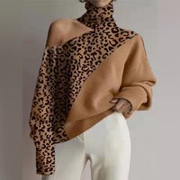 Women's Clothing large size autumn and winter new turtleneck off shoulder sweater women's leopard print long sleeved top
