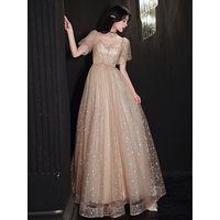 Elegant Off Shoulder Evening Dress Champagne Line Gown Banquets Hosting Birthday Parties & Formal Events