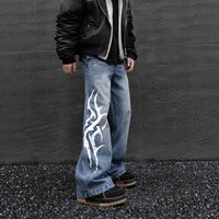 Men’s Clothing High Street Washed Distressed Printed Jeans Men Summer Street Hip Hop Straight Wide Leg Flared Pants