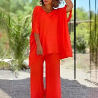 two piece summer lace up V neck five sleeve loose casual solid pants wide leg suit
