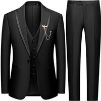 Men's Casual Slim Fit Three Piece Suit Inlaid Satin Banquet Clothing Solid Color