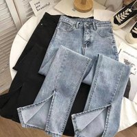 High Waisted Stretch Flared Jeans Split Hem Comfort Fit Vintage Wash 