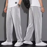 Men's Clothing Wide leg pants men's summer thin ice silk drape elastic striped casual pants trendy loose straight sports trousers
