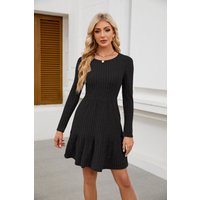 Women's Clothing Hot Selling Round Neck Pocket Casual Knee Length Sweater Long Sleeved Dress