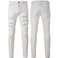 Cross Border European And American Street White Jeans Men's Trendy Brand Patch Holes Handsome Elastic Slim Fit Skinny Pants Foreign Trade