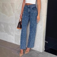 Clothing oblique waist cross retro beaded baggy straight raw edge denim trousers