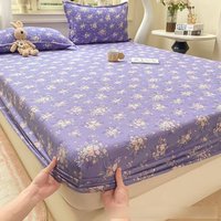 Ultra-Soft Double-Layered Bedding Set Three-Piece Suite Summer Floral Print Pleated Fabric Skin-Friendly Full Enclosure Mattress Protector Cover