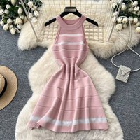 Women's Korean Style High-Waisted A-Line Skirt Dress Striped Hollow Out Sleeveless Knit Sophisticated And Elegant Short Skirt For Commuting