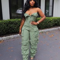 Women's Clothing Breasted Tube Top Slim High Waist Multi Pocket Jumpsuit Trousers