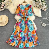 Clothing Summer Light Mature Style Retro Temperament Short Sleeved V Neck Waist Slimming Mid Length Line Printed Pleated Dress