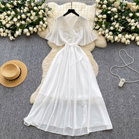 Elegant Retro V Neck Dress Pleated & Beaded Details Summer Long Dress M L XL XXL Sizes