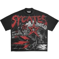 Clothing Skull Print Pattern Short Sleeve Round Neck Street Washed Hip Hop Fashion Brand Retro Loose T Shirt