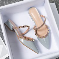 Warren Summer Mid Heel Pointed Half Slippers Lazy Headband Outer Wear Rivet Lacquer Leather Cool