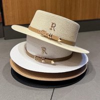 Straw Summer Vacation Beach Water Diamond Letter R Belt Personalized English Flat Top Sunshade Cool Hat