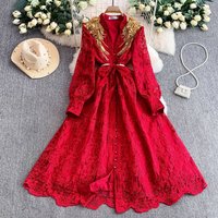 Elegant Court Vintage Embroidered 3d Floral V Neck Dress – Lace Fit Flare Midi Dress Puff Sleeves
