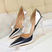 Women's Pumps fashion sexy nightclub pointed toe stiletto hollow single shoes metal surface shallow mouth OL simple high heels