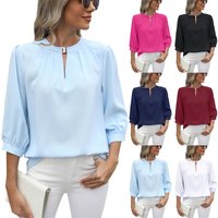 Women's Clothing V Neck Three Quarter Sleeve Loose Chiffon Shirt Tops