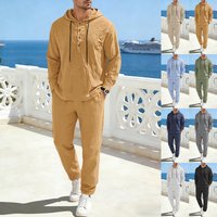 Linen Hooded Drawstring Pants Suit Solid Long Sleeve Casual Modern Stylish Spring Autumn Wear