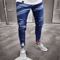 European And American Men's New Worn-out Denim Leggings With Fashionable Paint Zippers And Personalized Slimming Denim Pants