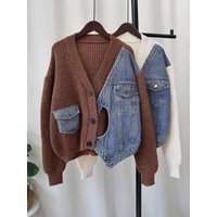 Niche Design Short Knitted Denim Splicing Cardigan Autumn Style Popular Online Sweater Jacket