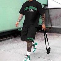 Summer American Street T shirt Short Sleeves Shorts Set Los Angeles Letter Print