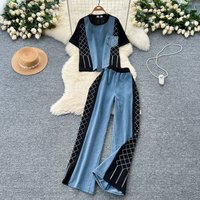 Fashion Summer Set Vintage Denim Patchwork Sleeveless Top & High Waisted Wide Leg Pants Heavy Duty Rhinestone Embellished Outfit