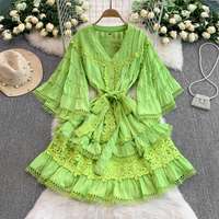 Clothing Retro Style Lace Splicing V Neck Trumpet Sleeve Dress Female High End Waist Slim Cake Skirt
